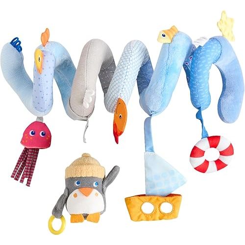 HABA Penguin Activity Spiral Car Seat Toy & Stroller Toy for Babies 0-18 Months, Soft Plush Baby Travel Gear with Crinkle, Rattle & Detachable Penguin