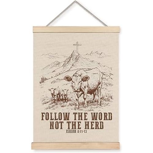 XUNLURY Farm Western Cow Christian Poster Hanger Frame, Follow the Word Not the Herd Bible Verse Canvas Wall Art, Vintage Religious Wall Decor for Home Living Room Church, 12x16 Inch