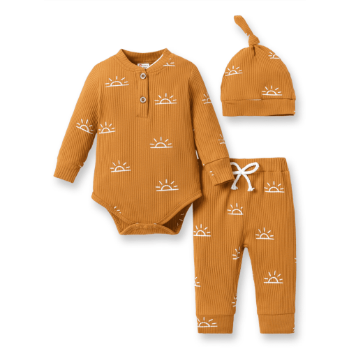 Infant Onesie Sleepers: PatPat Newborn Baby Pajama Sets, 95% Cotton Ribbed Long Sleeve Romper, Pants and Cap, 3-6 Months