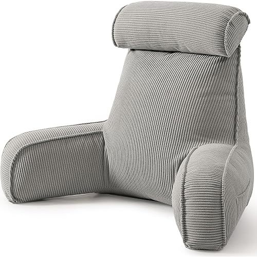 Corduroy Reading Pillow for Sitting Up in Bed, Backrest Pillow with Arms, Full Back Support Cushion with Side Pockets & Washable Cover, Adult Support for Sofa Couch Floor, Light Gray