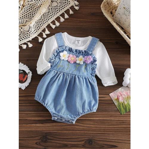 SHEIN Baby Girl Solid Color Round Neck Long Sleeve Jumpsuit And Denim Overalls With Patches, Summer Casual Outfit | SHEIN USA