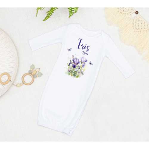 Iris Baby Sleeping Gown, Iris Floral Baby Gown, Baby Shower Gift,  Newborn One Piece, Floral Baby Sleeping Gown, F98