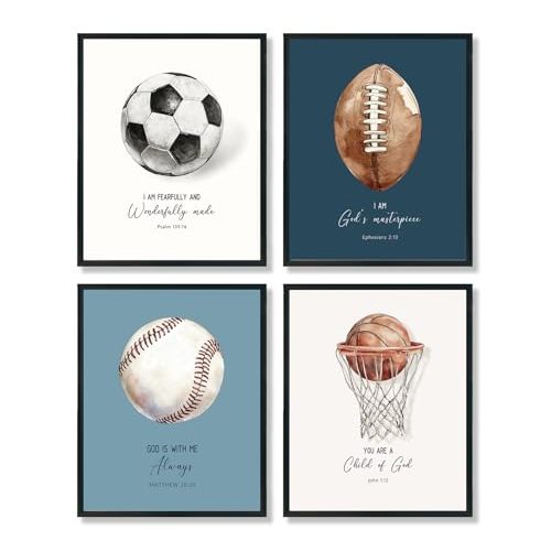 ShowDraven Sports Boy Nursery Kids Wall Decor, Christian Room Decor for Boys Room,Vintage Sports Wall Art for Classroom Gym Playroom,Unframe 12x16 Inch Unframed