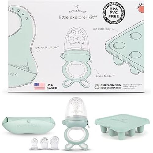 Moss and Fawn Little Explorer Kit - Silicone Frozen Breast Milk Popsicle Kit with Forage Feeder, Teething Popsicle Ice Cube Tray, & Gather & Roll Baby Feeding Bib - BPA, PVC, & Lead-Free - Fern
