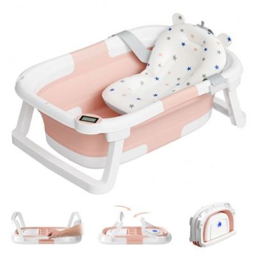 TUMAJUP Collapsible Baby Bathtub for Infants and Toddlers with Bath Net and Thermometer-Pink