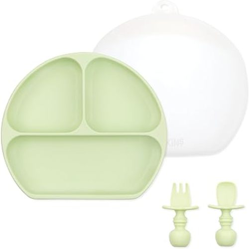Bumkins - Silicone Grip Dish 3-Section, Training Chewtensils & Lid - For Ages 6 Months+ - Suction Base - 100% Food-Safe Silicone - Oven, Microwave, Freezer, & Dishwasher Safe - Green