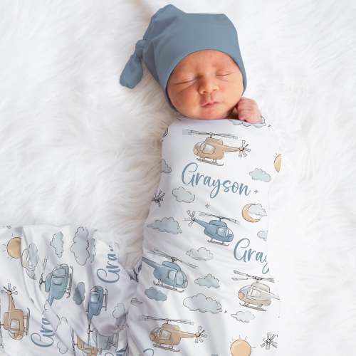 Personalized Helicopter Swaddle Blanket For Baby Shower, Custom Aviation Newborn Baby Boy Gift, Sky Toddler Name Blanket, Coming Home Outfit