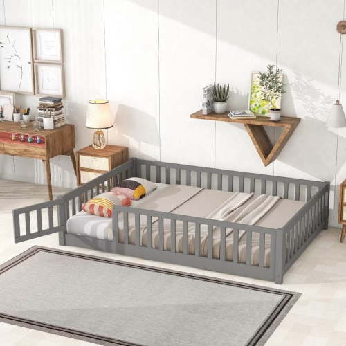 Full Size Floor Bed, Wood Full Montessori Bed Frame with Fence Guardrails and & Support Slats,, Gray