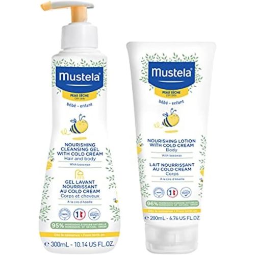 Mustela Baby Dry Skin Bath Time Gift Set - Baby Skin Care Essentials - with Natural Avocado & Cold Cream - 2 Items Set