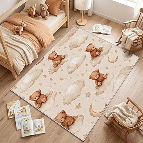 Teddy Bear Rugs for Bedroom Kids Rug, Washable 3x4 Rug for Living Room, Moon Star Cartoon Patterned Indoor Carpet, Teddy Bear Decor for Home, Bedroom, Soft Non Slip Thin Design GER63