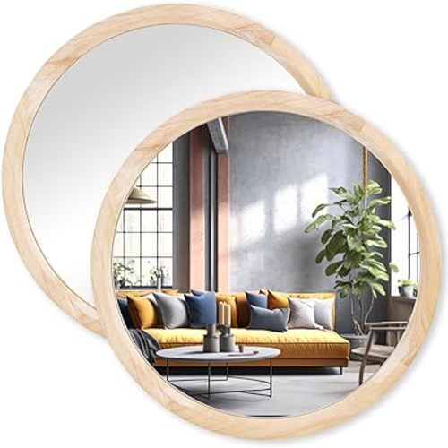 MAGFLERUM 17 Inch Round Wall Mirror Set of 2, Small Round Wooden Mirror for Nursery, Bedroom, Living Room (Nature)