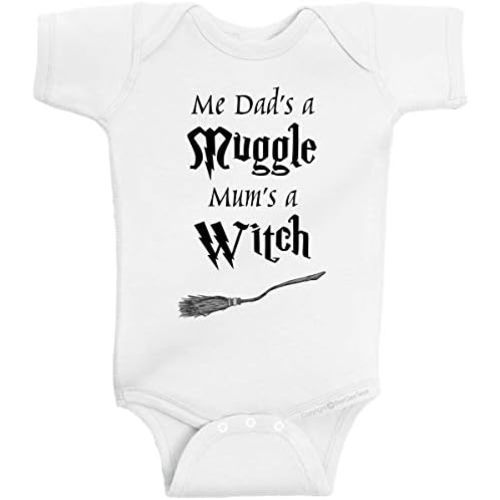 Me Dad's A Mug Mum's A Witch Funny Baby Cute Wizard Bodysuit