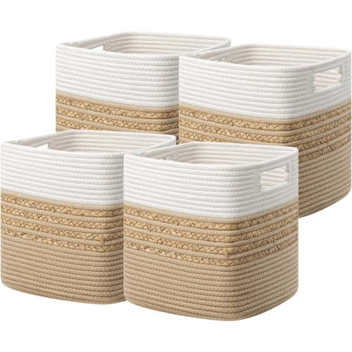 HBlife Set of 4 Storage Cubes-11 X 10.5 X 10.5 In, Water Hyacinth Cotton Rope Basket with Handles,Brown