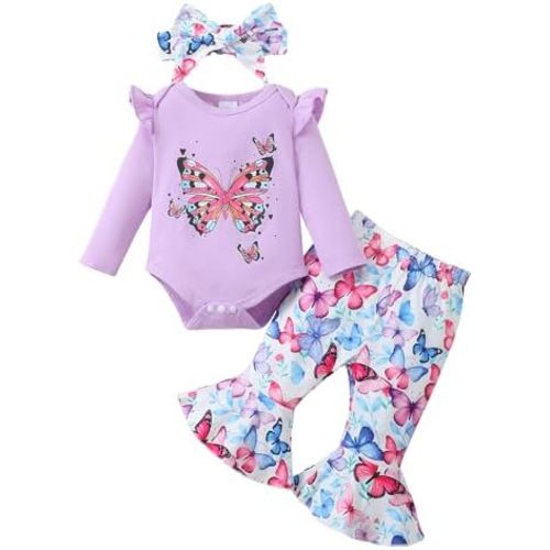 SUNNY PIGGY Baby Girl Clothes Newborn Infant Outfits Ruffle Long Sleeve Romper Pants Set with Headband