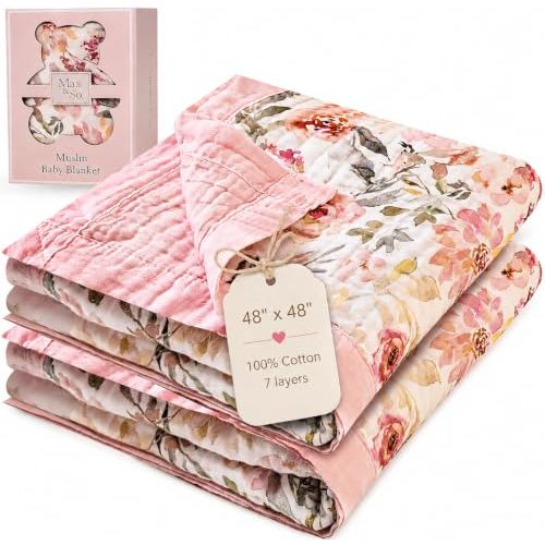 Muslin Baby Blanket 48x48-100% Cotton Reversible 7-Layer Baby Girl Blanket - Large Soft Cotton Blanket for Newborns, Infants & Toddlers, Lightweight Quilt-Style, Machine Washable, Pink