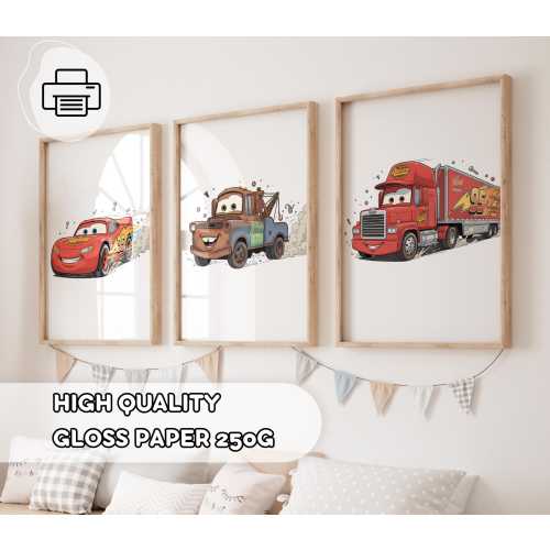 3 Minimalist Cars Prints - Lightning Mcqueen Posters, Cars Wall Art, Nursery Decor, Prints for Kids Boys Room, Mack Tow Mater, Birthday Gift
