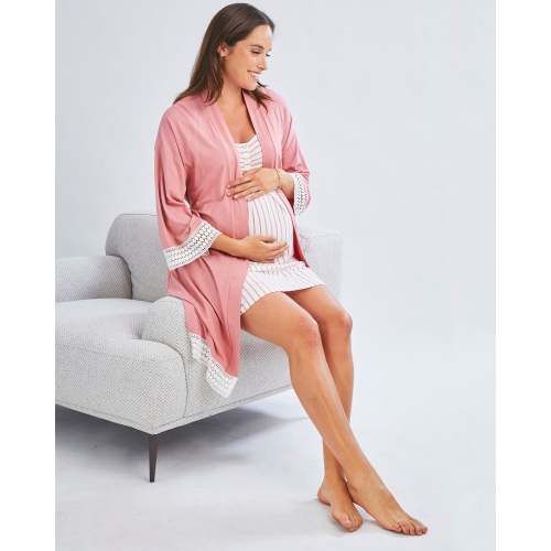 3-Piece Maternity Hospital Pack Set: Nursing nightie + Robe + Baby wrap In Pink
