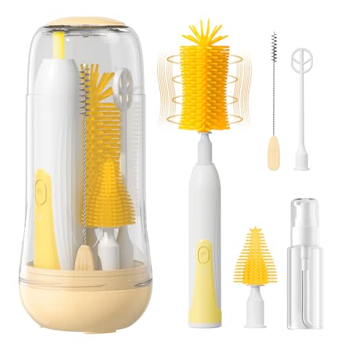 Electric Bottle Brush Cleaner, Rechargable Electric Baby Bottle Brush Cleaner with Nipple & Straw Brush, Travel Baby Bottle Brush with Drying Rack, Perfect Essentials for Mom After Birth, Yellow