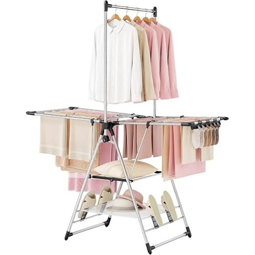 APEXCHASER Clothes Drying Rack with High Hanger, Foldable 3-Level Drying Racks with Shoe Rack, Crossbar and Vertical Rod Laundry Stand with Adjustable Wings Silver