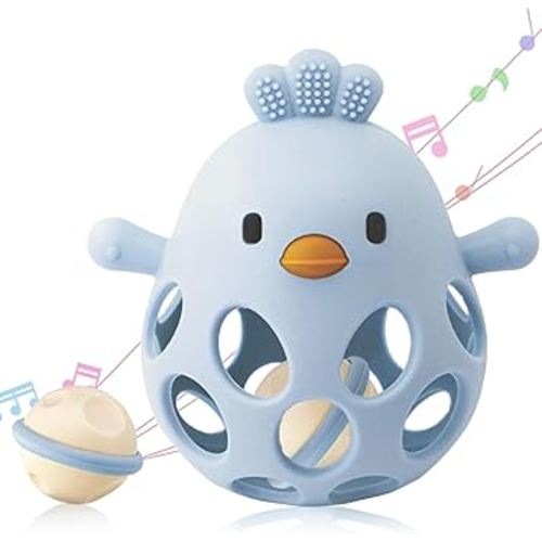 2-in-1 Baby Teething Rattle Toy, Sensory Grasping Teether for Infants 3-12 Months, 100% Food-Grade Silicone, Easy to Hold, Soothing & Developmental, BPA Free