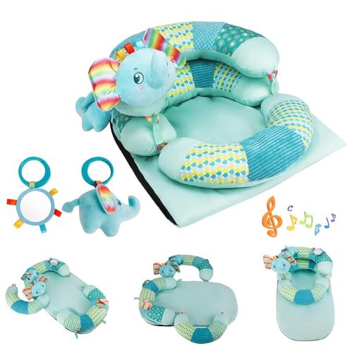 3-in-1 Tummy Time Pillow and Seated Support Playmat with Detachable Early Sensory Toys for Infant, Sitting Support to Prevent Reflux, Portable Gifts for Newborn Boys and Girls (Blue)