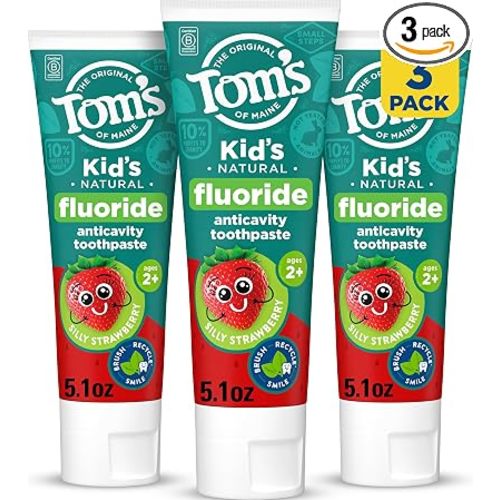 Tom's of Maine Natural Kids Fluoride Toothpaste, Strawberry, 3 Pack, 5.1 oz | For Kids Ages 2 and Up, Anticavity Toothpaste, No Artificial Flavors, Dyes, Sweeteners, or Preservatives, Gluten Free, Vegan