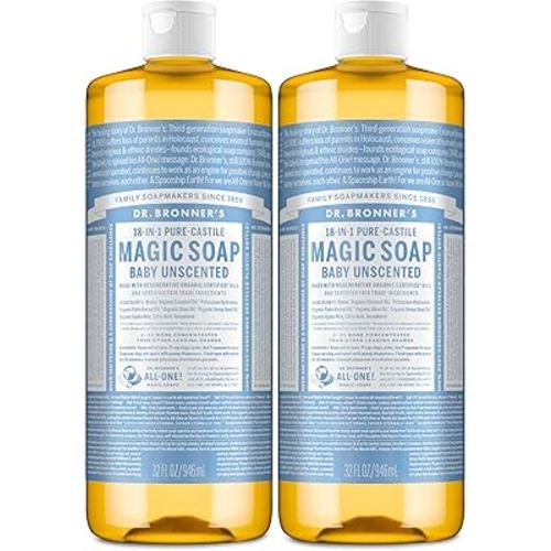 Dr. Bronner's Magic Soap-Pure-Castile Liquid Soap (Baby Unscented, 32 ounce, 2-Pack)-Regenerative Organic Certified Oils, 18-in-1 Uses: Body, Laundry & Dishes, For Sensitive Skin, No Fragrance