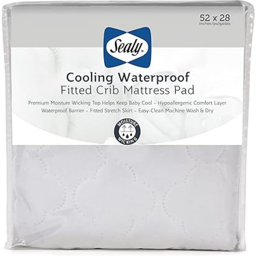 Sealy Baby Cooling Moisture Wicking Crib Mattress Protector Pad and Toddler Bed Cover, Fitted Waterproof Infant Durable and Comfortable Topper, Machine Washable & Dryer Friendly, 52x28”- White