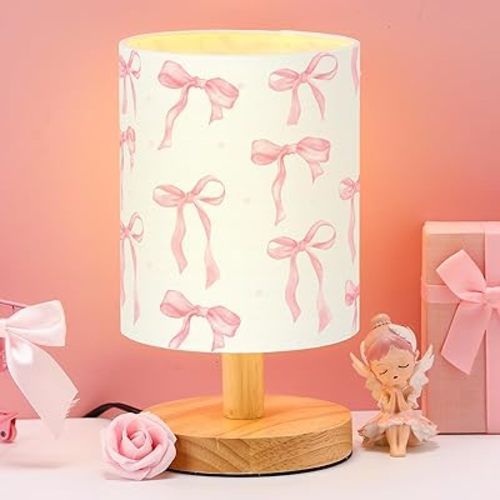 VIHOSE Coquette Bow Table Lamp for Bedroom Kids Bedside Lamp with Linen Wooden Nightstand Lamp Cartoon Nursery Lamp Lampshade for Girls Boys Living Room
