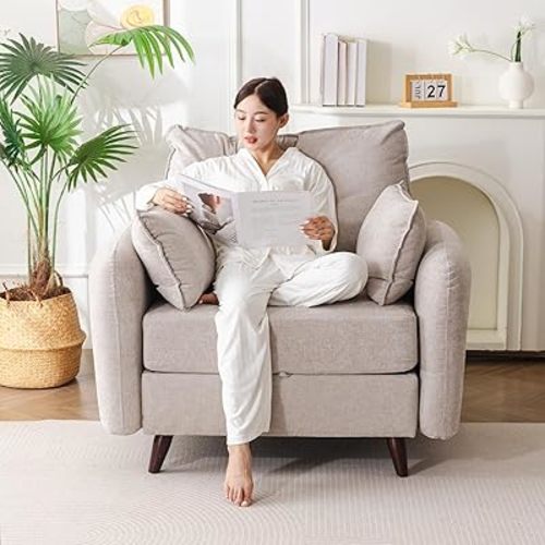 Oversized Accent Chair with All Seats Storage,Comfy Living Room Chairs with 2 Throw Pillow,Upholstered Mid-Century Armchair,24.5'' Deep Seat,Reading Chair for Bedroom,Office,Chenille,Khaki