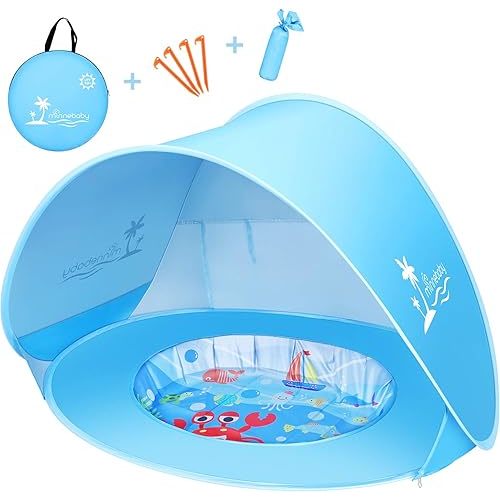 Baby Beach Tent with Pool, UPF50+ Pop Up Shade Tent for Infant, Baby Beach Sun Shade Pool with UV Protection, Blue