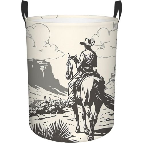Western Cowboy Laundry Basket, Round Oxford Cloth Laundry Hamper, Waterproof Collapsible Storage Organizer Bin with Handles for Room, Nursery Home Storage, Gift for Chritsmas Thanksgiving 13.8x17.7in