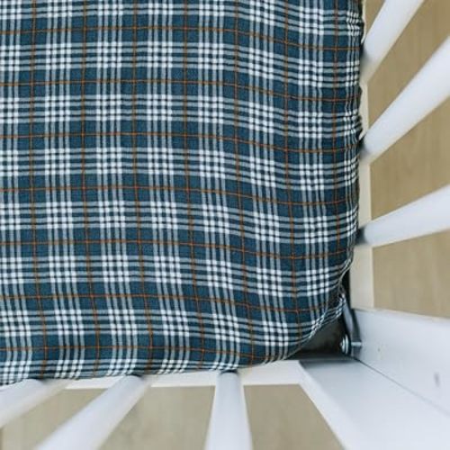 Navy Plaid Muslin Crib Sheet by Mebie Baby, Soft and Breathable Bed Sheets for Babies, Modern Neutral Bedding for Cribs, Standard Crib Mattress Fitted Sheet, Great for Boy or Girl Room or Nursery