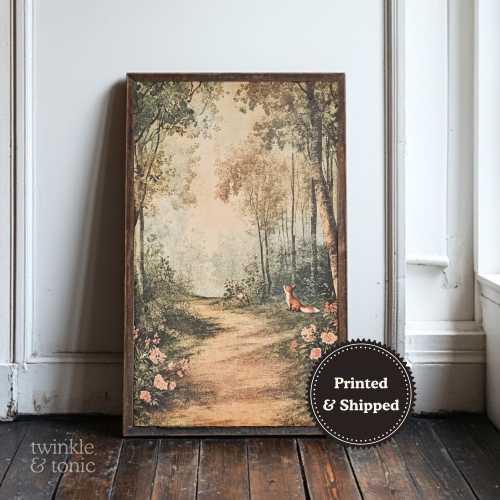 Enchanted Forest Art Print, Moody Whimsical Woodland Poster, Boho Nature Painting, Vintage Cozy Cottagecore Decor, Printed and Shipped