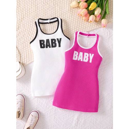 SHEIN Playful Pals 2pcs/Set Baby Girls Casual Sports Streetwear Minimalist Letter Print Sleeveless Dress, Suitable For Outings, Spring & Summer | SHEIN USA