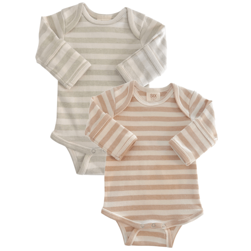 Sage Stripe & Biscuit Stripe / Organic Long Sleeve Bodysuit 2-Pack
