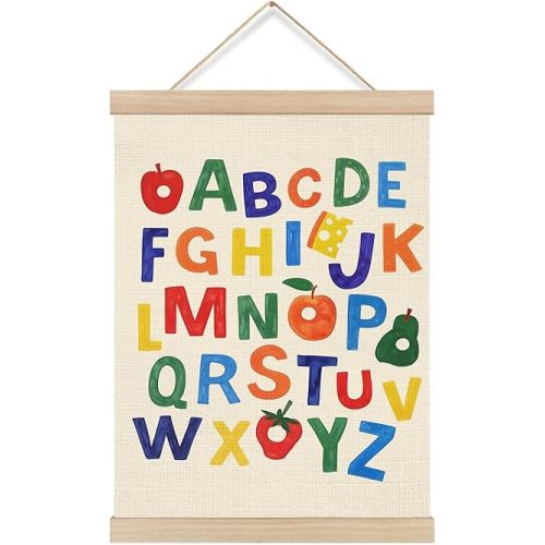 KRHFG Boho ABC Alphabet Wall Art Poster Framed, Colorful Alphabet Chart Educational Hanging Canvas Prints Wall Decor for Classroom Toddler Kids Room Bedroom Nursery Playroom, 12x16 Inch