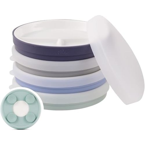 Elk and Friends Kids 7.8” Porcelain White Divided Plates with Silicone Suction Sleeves + Lids | Suitable for Babies/Toddlers | Microwave & Dishwasher Safe | Stay Put Dinnerware | Snack Dishes | 4 Pack