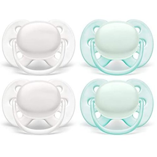 Philips AVENT Ultra Soft Pacifier, 0-6 Months, Arctic White/Green, 4 Pack, SCF214/40, White/Green
