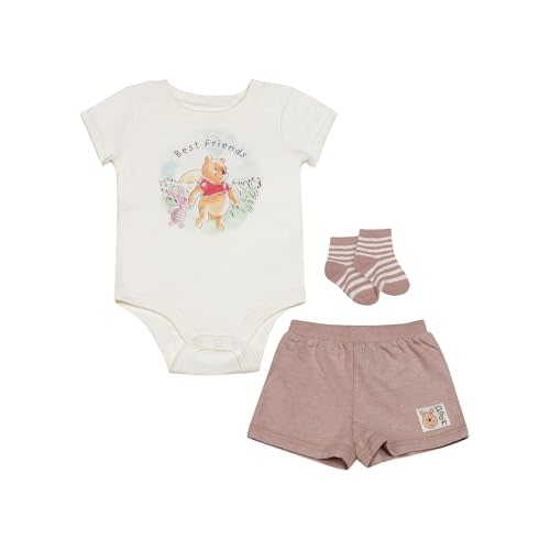 Magic Threadz Clothes Disney Baby Boys 3-Piece Short Set – Mickey, Pooh, Dumbo & Stitch Bodysuit, Shorts & Socks (0-9M)