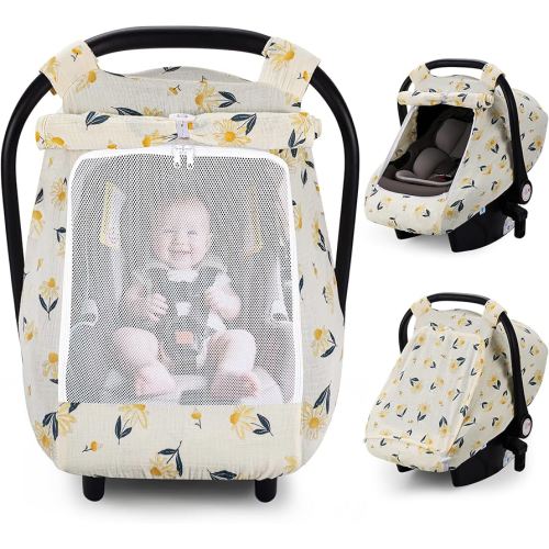Rquite Car Seat Cover Baby, Carseat Covers Girl Boy, Breathable Muslin Cotton, Large Mesh Window, Infant Car Seat Canopy Baby Carrier Cover Stroller Sun Shade for Summer & Hot Day