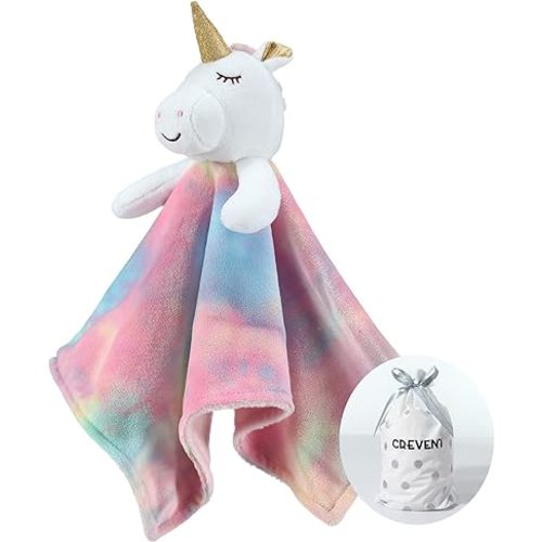 CREVENT Cozy Plush Baby Security Blanket Loveys for Baby Girls, Minky Dot Front + Backing with Animal Face (Unicorn)