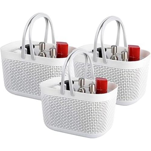 UUJOLY Plastic Storage Baskets with Handle Shower Caddy Organizer Bins for Home Bathroom Kitchen (3 Pack-White)