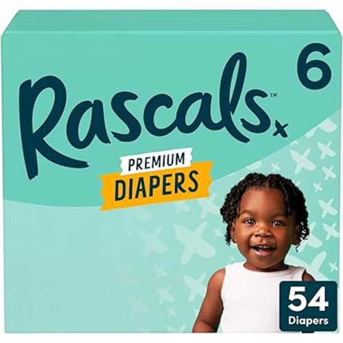 Rascals Premium Absorbent Baby Diapers with Deep Pocket and Triple Leak Guards for Blowout Protection (6-54ct)