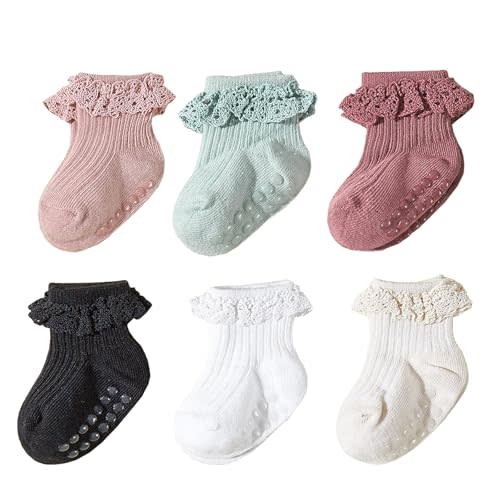 Meeshine Baby Toddler Girls Anti Slip Ruffle Socks with Grips Newborn Infant Cotton Non Skid Frilly Dress Socks, 5 Packs