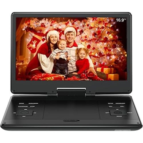 16.9" Portable DVD Player with 14.1" Large HD Screen,High Volume Speaker,4-6 Hours Built-in Rechargeable Battery,Support USB/SD Card/Sync TV and Multiple Disc Formats,Region Free,Remote Control,Black