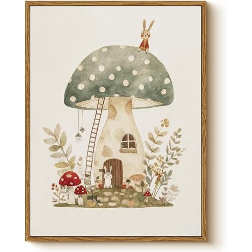 Vintage Framed Nursery Wall Art 12x16 Canvas Print, Cute Bunny Mushroom House Illustration Woodland Forest Theme, Neutral Fairy Tale Kids Room Bedroom Baby Nursery Playroom Farmhouse Home Decor