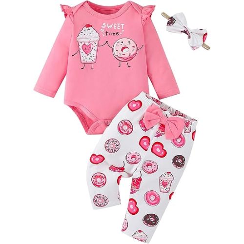 Fullfamous Baby Girl's 3pc Frill Long Sleeve Romper and Pant Set