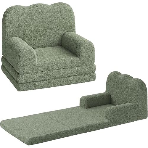 GarveeHome Kids Couch, 2-in-1 Comfy Toddler Couch Fold Out, Convertible Sofa to Lounger Foam Kids Chair with Soft Sherpa, Gift for Girls and Boys (Green)