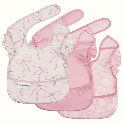 Tiny Twinkle Mess-Proof Baby Bibs | Waterproof, Wipeable Toddler Bibs with Catch-All Pocket | Feeding Bibs for Girls & Boys (3pk - Toile and Bows)